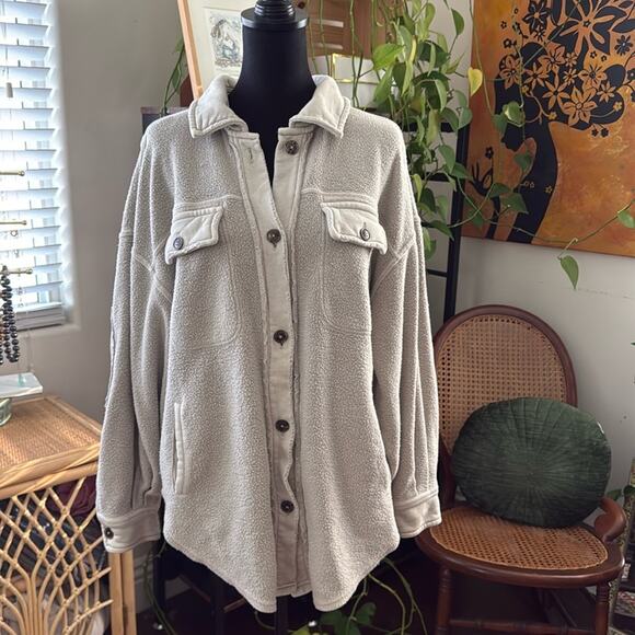Free People Ruby Light Gray Fleece Button Up Shacket - Picture 1 of 7